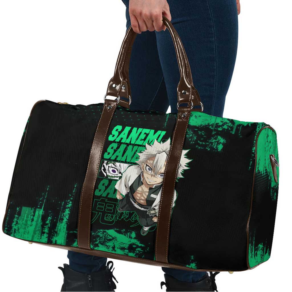 Sanemi Shinazugawa Demon Slayer Green and Black Grunge Travel Bag Design with Intense Eyes and Wind Hashira Theme - The Mazicc