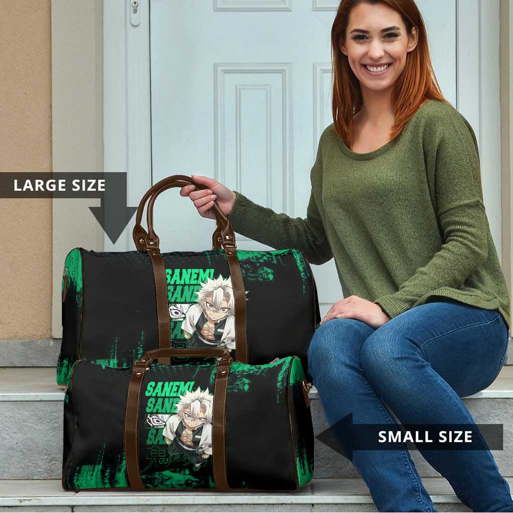 Sanemi Shinazugawa Demon Slayer Green and Black Grunge Travel Bag Design with Intense Eyes and Wind Hashira Theme - The Mazicc