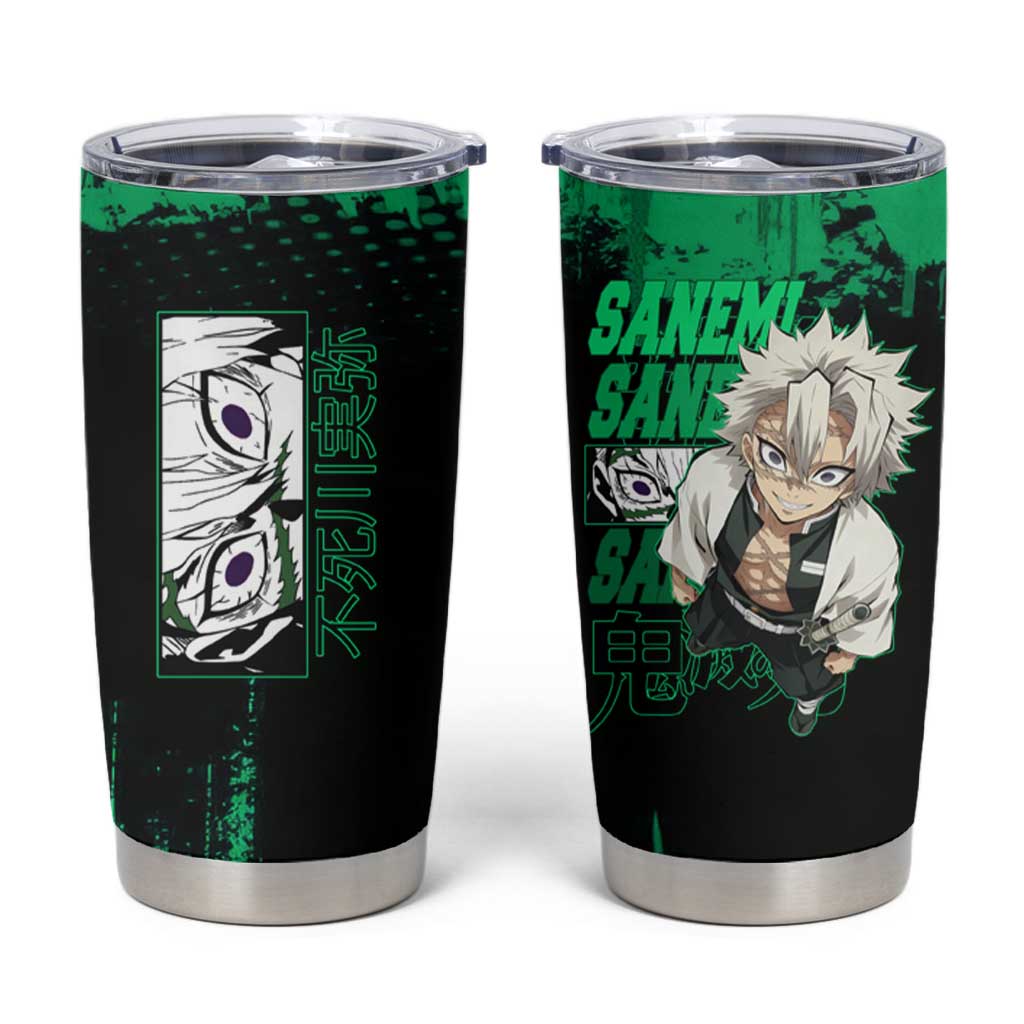 Sanemi Shinazugawa Demon Slayer Green and Black Grunge Tumbler Cup Design with Intense Eyes and Wind Hashira Theme - The Mazicc