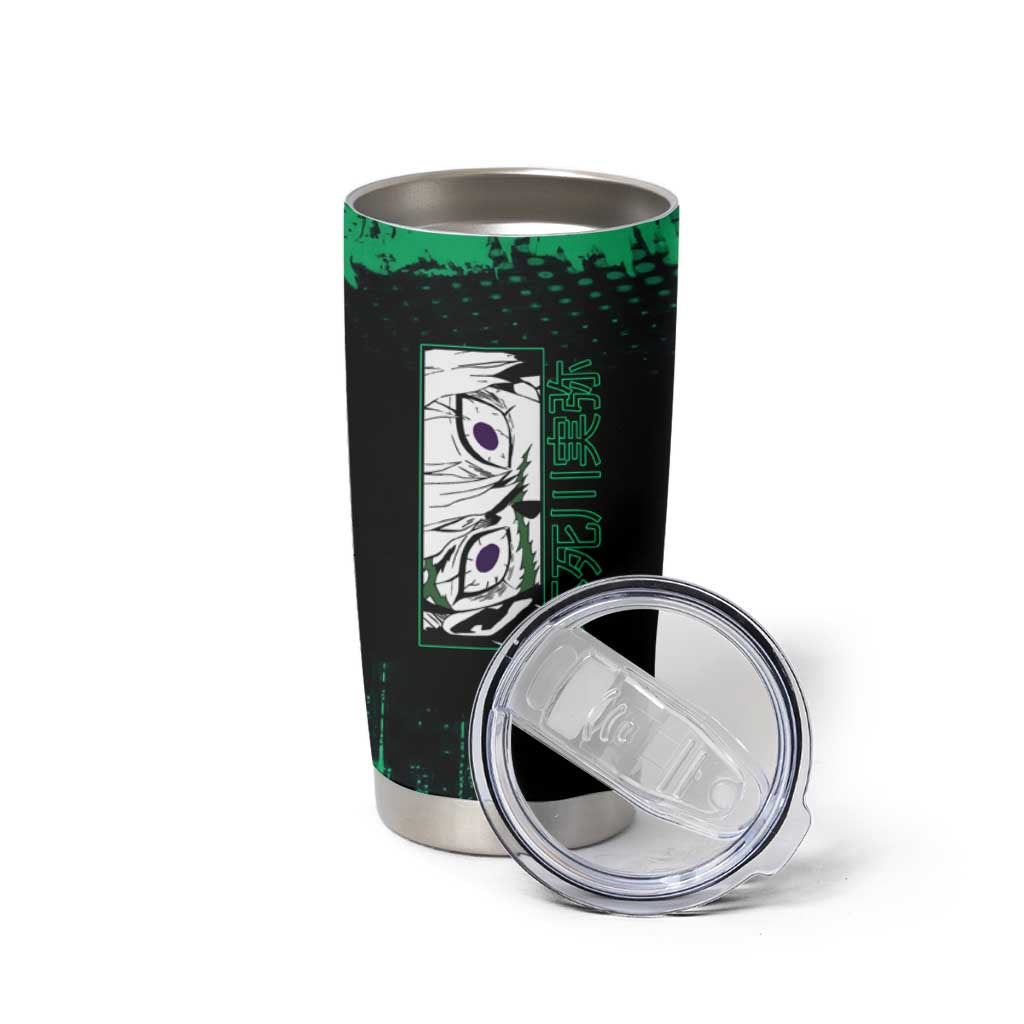Sanemi Shinazugawa Demon Slayer Green and Black Grunge Tumbler Cup Design with Intense Eyes and Wind Hashira Theme - The Mazicc