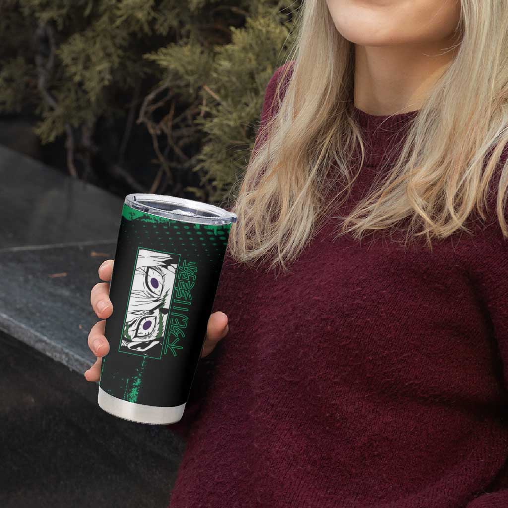 Sanemi Shinazugawa Demon Slayer Green and Black Grunge Tumbler Cup Design with Intense Eyes and Wind Hashira Theme - The Mazicc