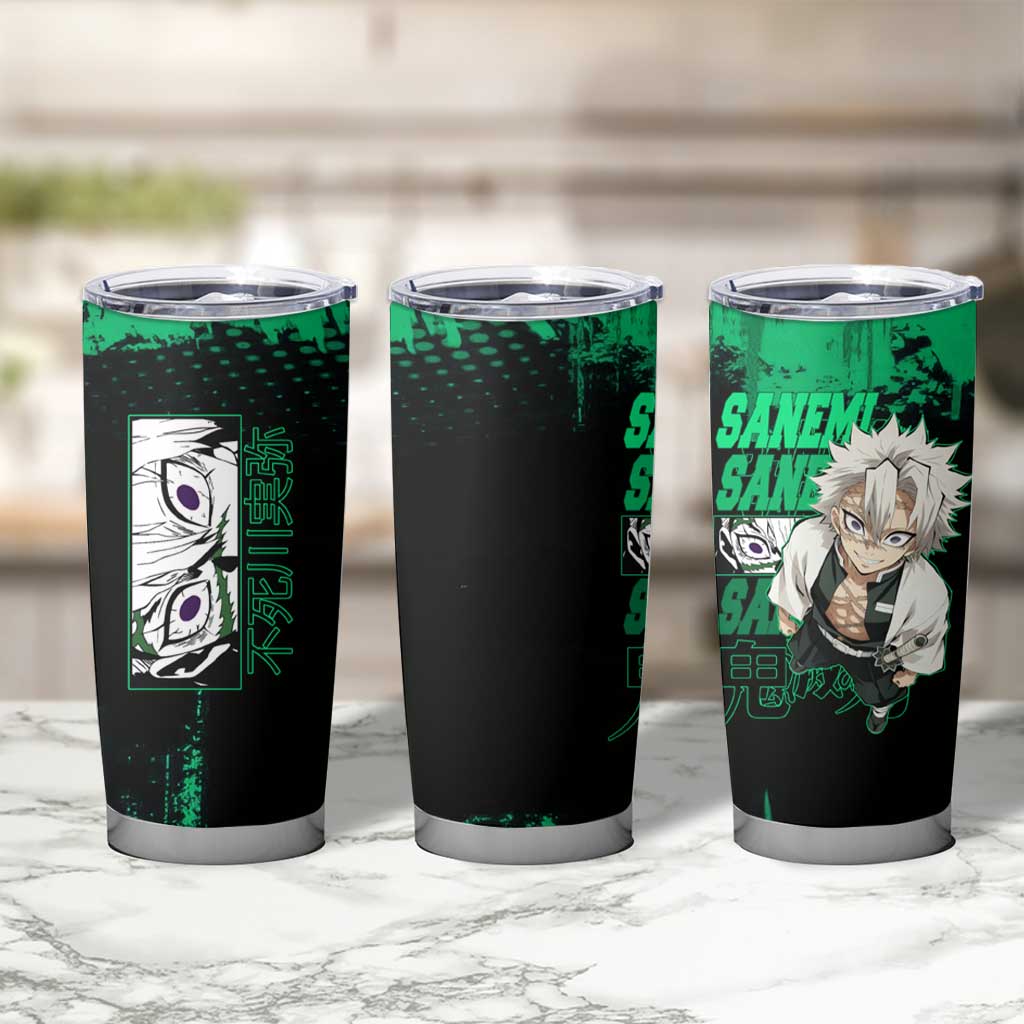 Sanemi Shinazugawa Demon Slayer Green and Black Grunge Tumbler Cup Design with Intense Eyes and Wind Hashira Theme - The Mazicc