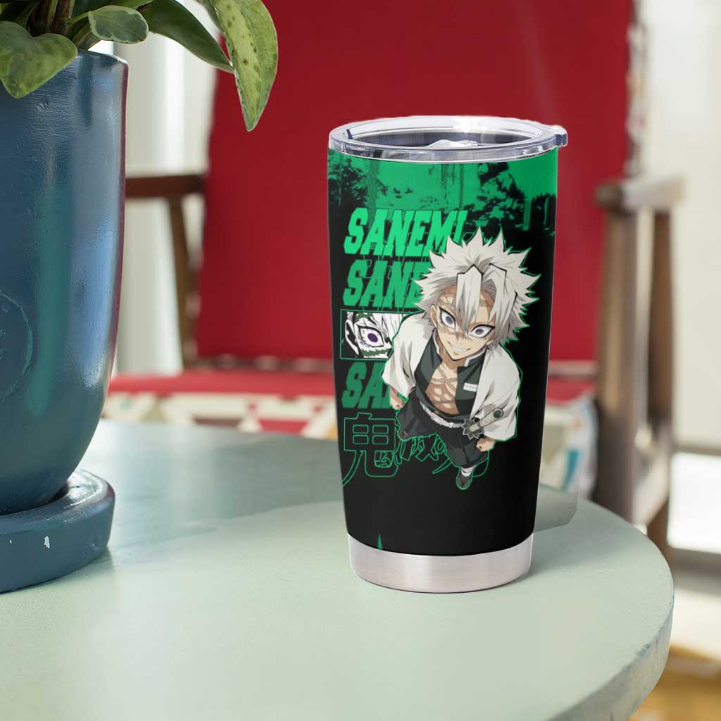 Sanemi Shinazugawa Demon Slayer Green and Black Grunge Tumbler Cup Design with Intense Eyes and Wind Hashira Theme - The Mazicc