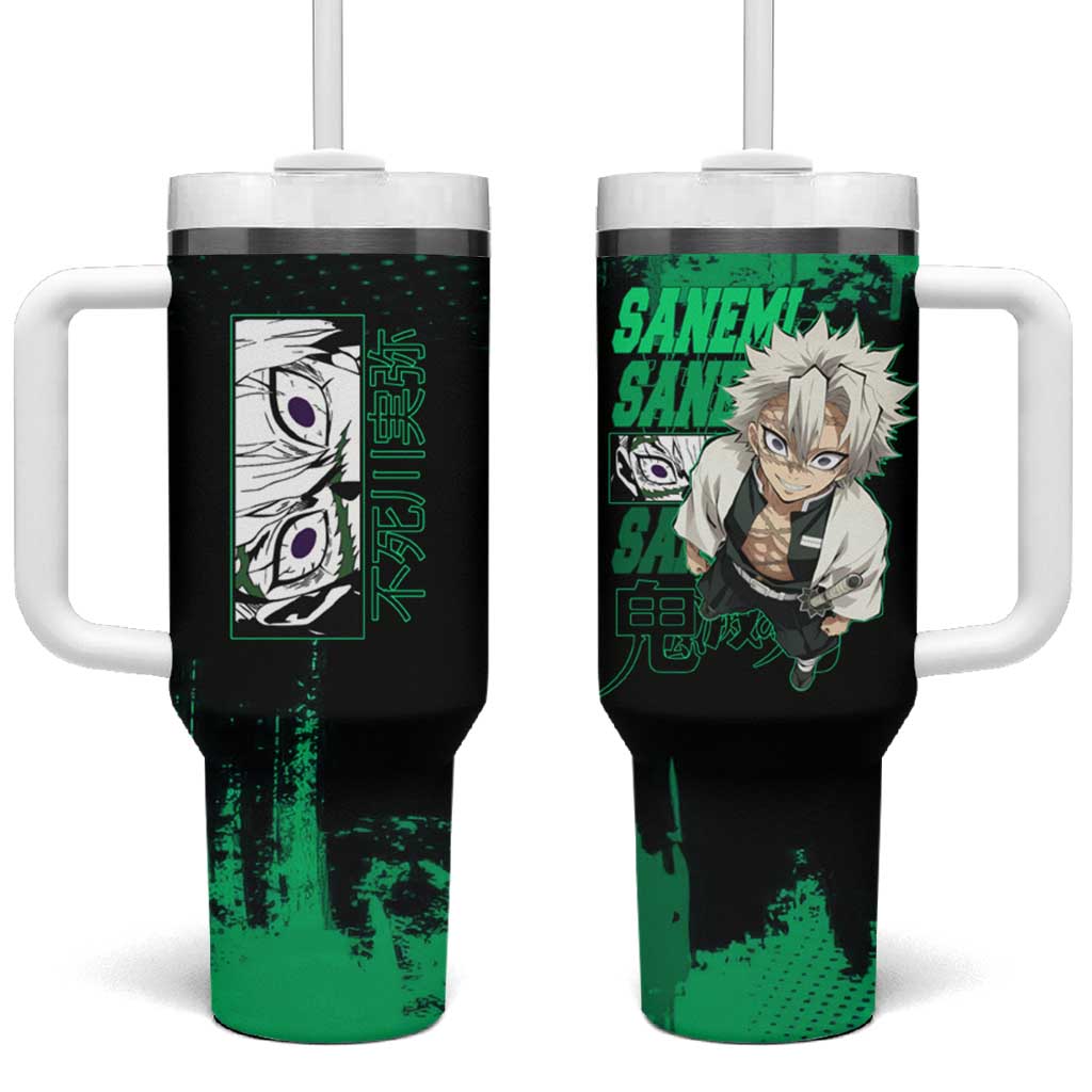 Sanemi Shinazugawa Demon Slayer Green and Black Grunge Tumbler With Handle Design with Intense Eyes and Wind Hashira Theme - The Mazicc