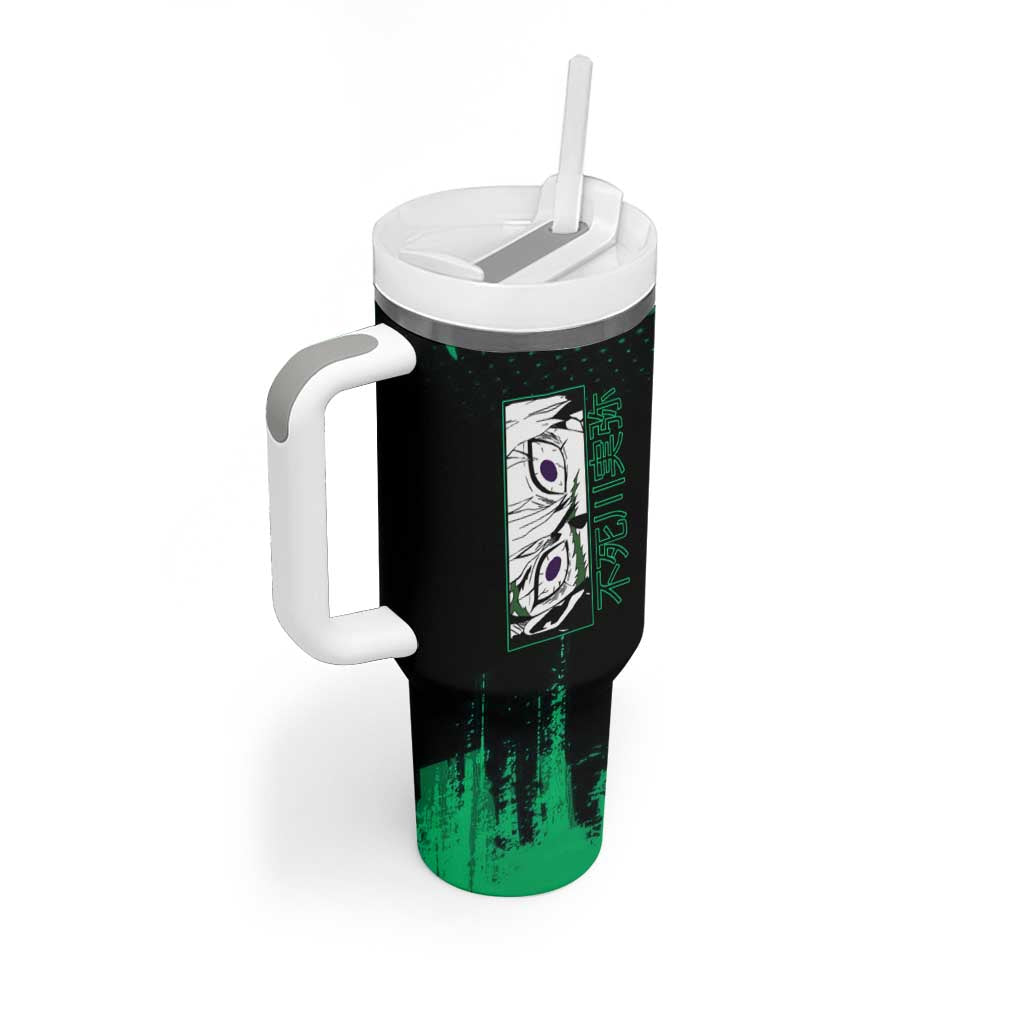 Sanemi Shinazugawa Demon Slayer Green and Black Grunge Tumbler With Handle Design with Intense Eyes and Wind Hashira Theme - The Mazicc