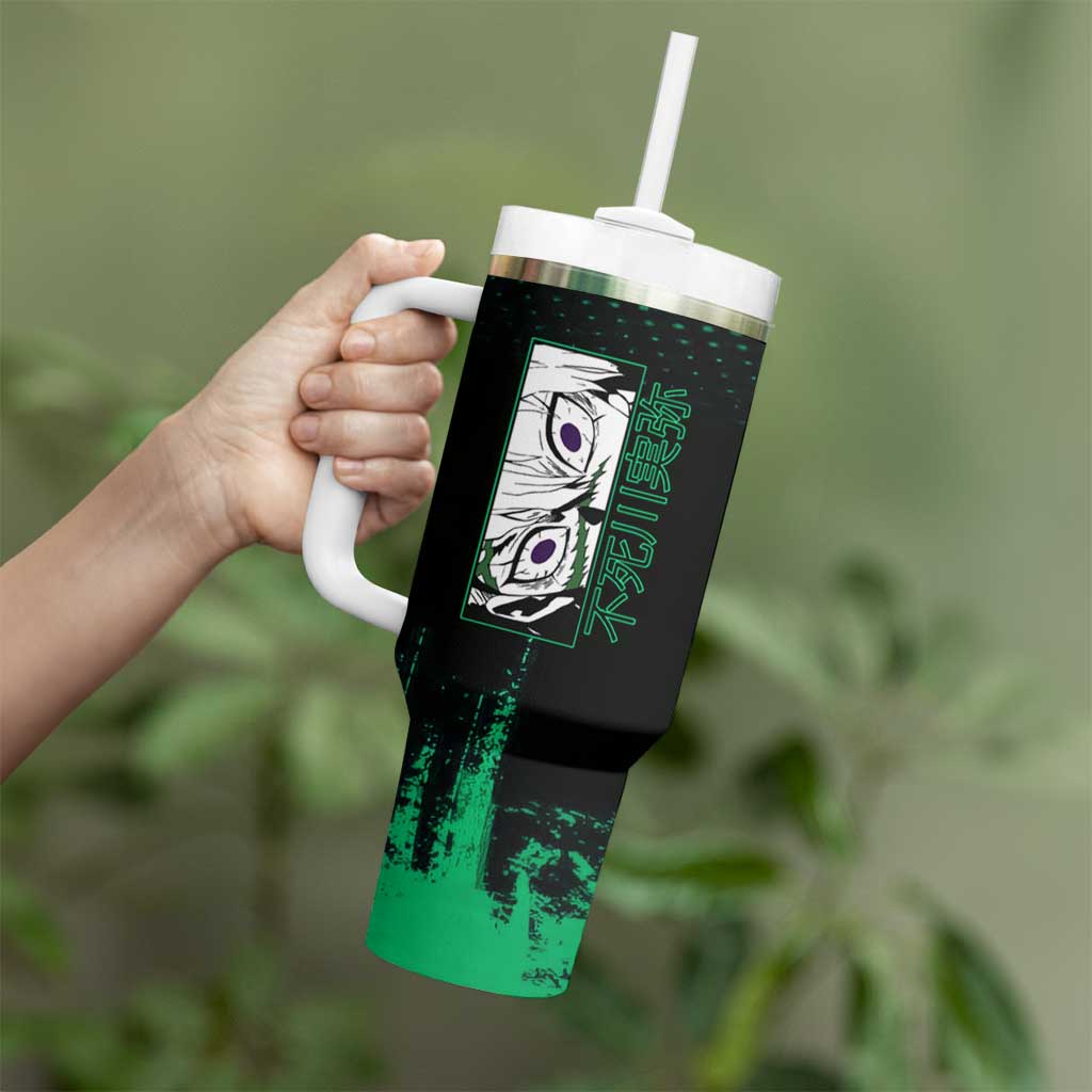 Sanemi Shinazugawa Demon Slayer Green and Black Grunge Tumbler With Handle Design with Intense Eyes and Wind Hashira Theme - The Mazicc