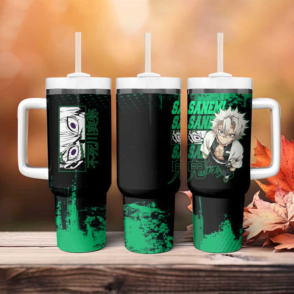 Sanemi Shinazugawa Demon Slayer Green and Black Grunge Tumbler With Handle Design with Intense Eyes and Wind Hashira Theme - The Mazicc