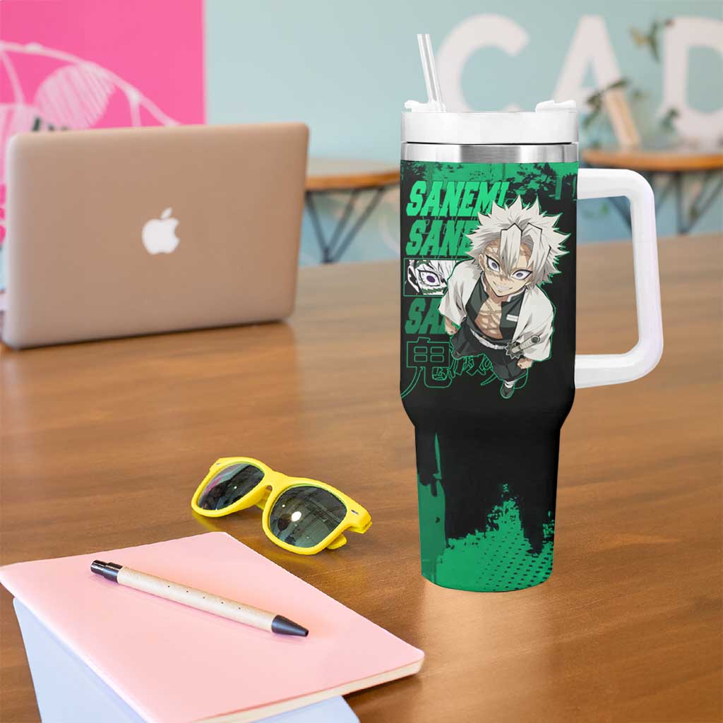 Sanemi Shinazugawa Demon Slayer Green and Black Grunge Tumbler With Handle Design with Intense Eyes and Wind Hashira Theme - The Mazicc