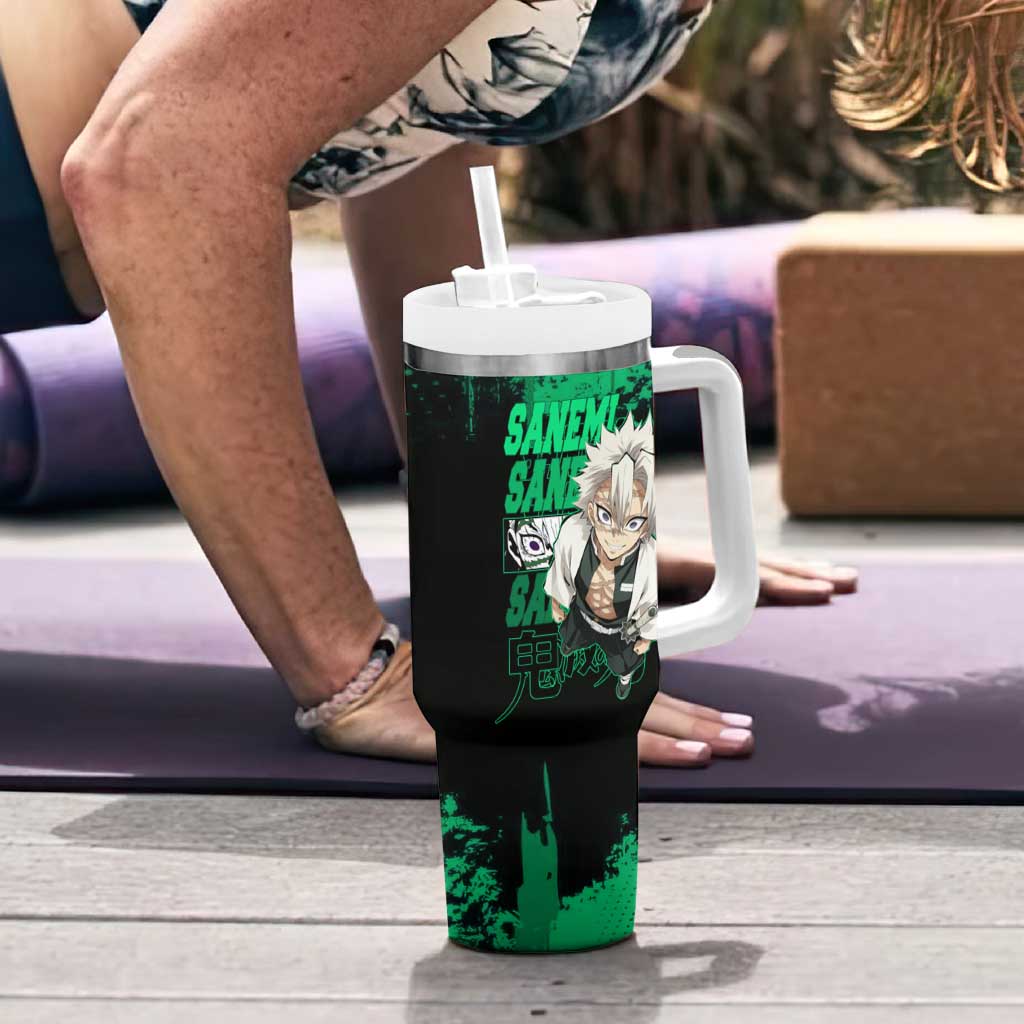 Sanemi Shinazugawa Demon Slayer Green and Black Grunge Tumbler With Handle Design with Intense Eyes and Wind Hashira Theme - The Mazicc