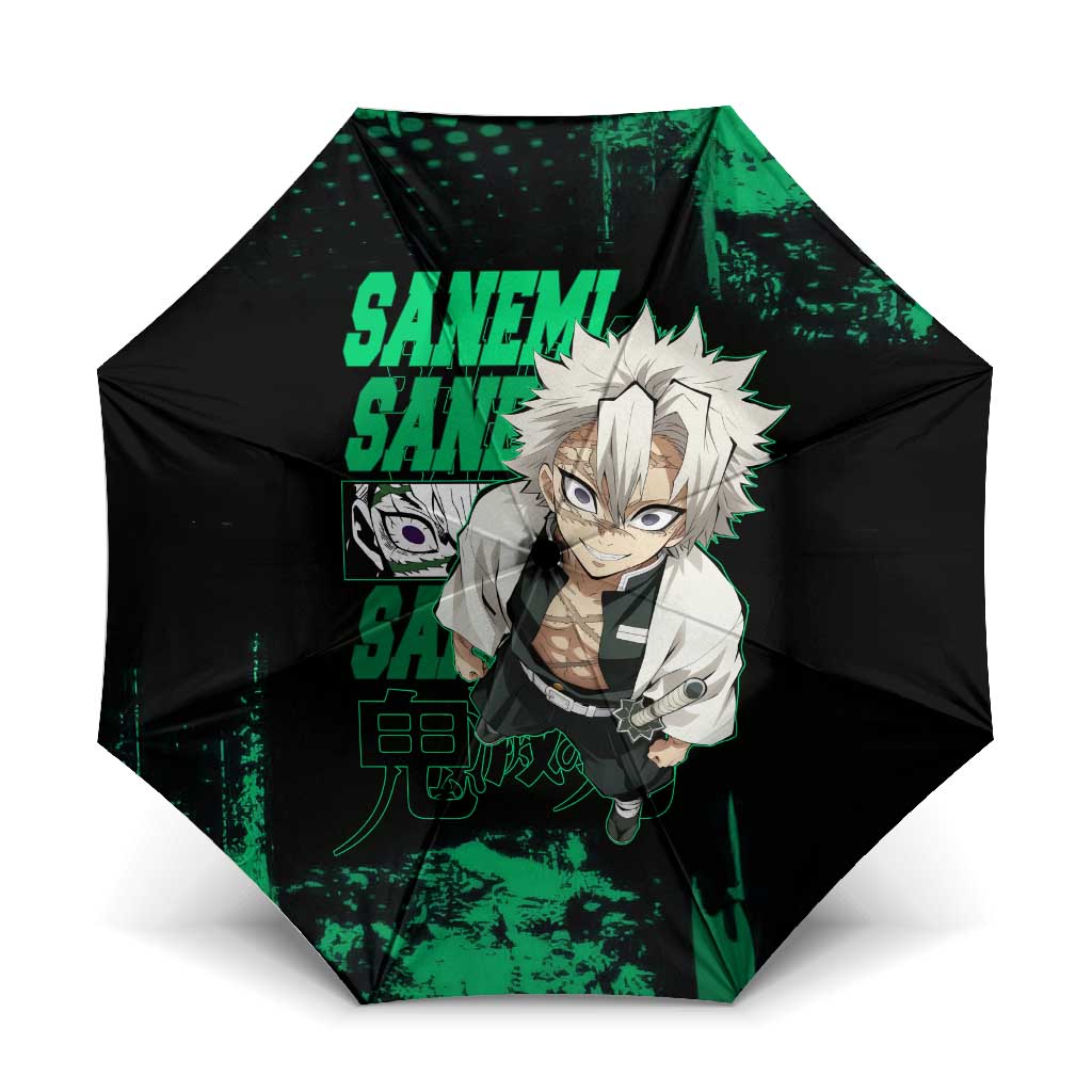 Sanemi Shinazugawa Demon Slayer Green and Black Grunge Umbrella Design with Intense Eyes and Wind Hashira Theme - The Mazicc