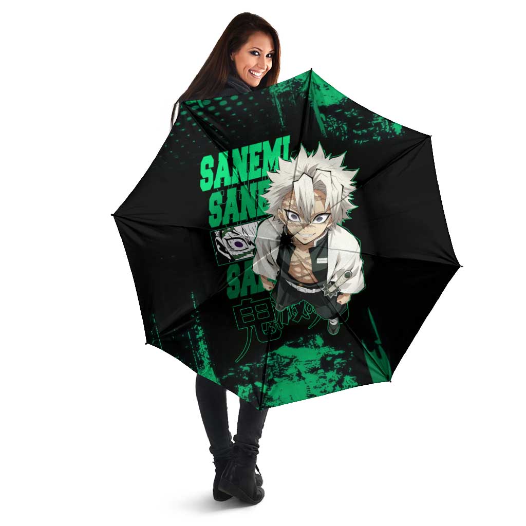 Sanemi Shinazugawa Demon Slayer Green and Black Grunge Umbrella Design with Intense Eyes and Wind Hashira Theme - The Mazicc