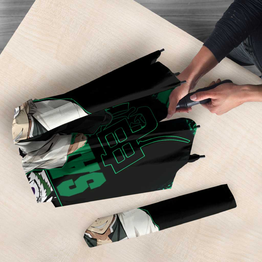 Sanemi Shinazugawa Demon Slayer Green and Black Grunge Umbrella Design with Intense Eyes and Wind Hashira Theme - The Mazicc