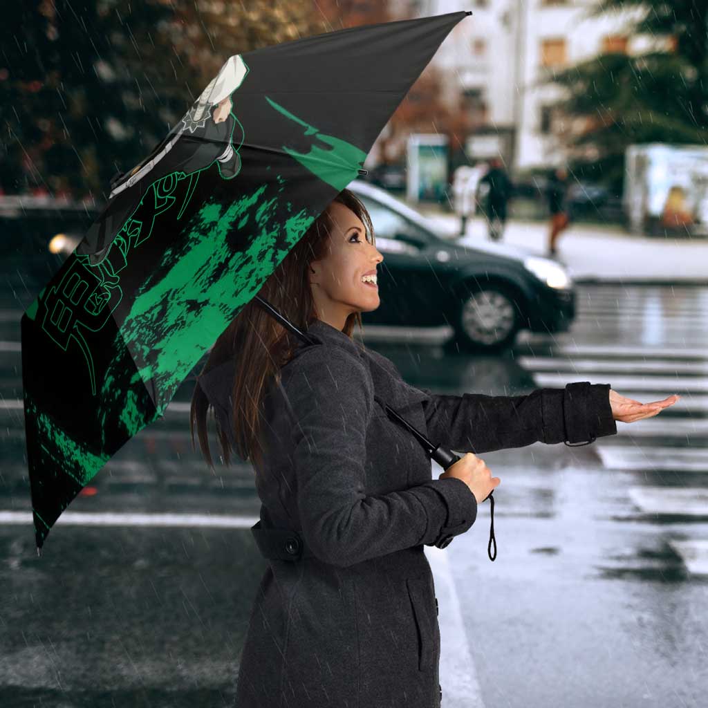 Sanemi Shinazugawa Demon Slayer Green and Black Grunge Umbrella Design with Intense Eyes and Wind Hashira Theme - The Mazicc