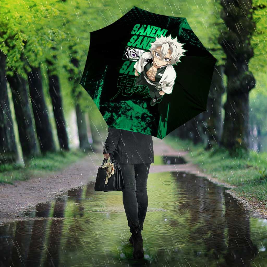 Sanemi Shinazugawa Demon Slayer Green and Black Grunge Umbrella Design with Intense Eyes and Wind Hashira Theme - The Mazicc