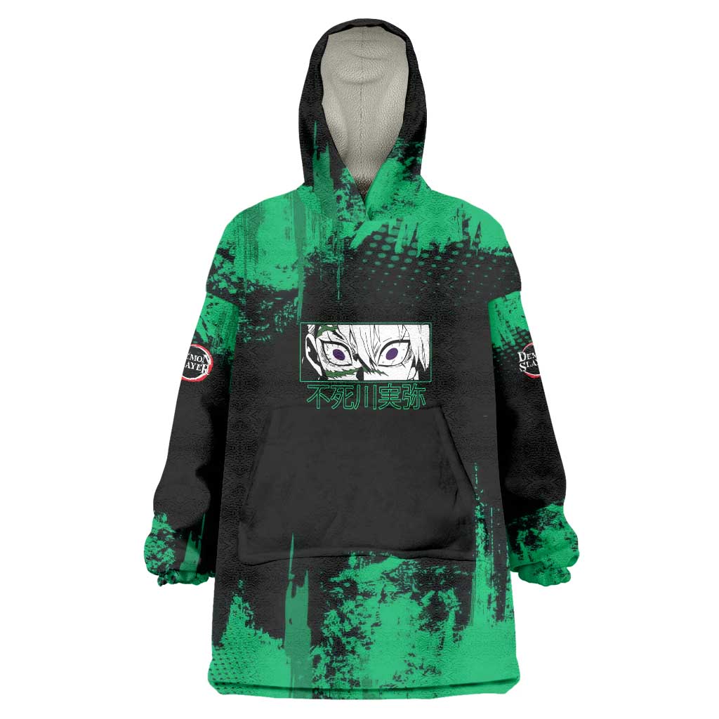 Sanemi Shinazugawa Demon Slayer Green and Black Grunge Wearable Blanket Hoodie Design with Intense Eyes and Wind Hashira Theme - The Mazicc