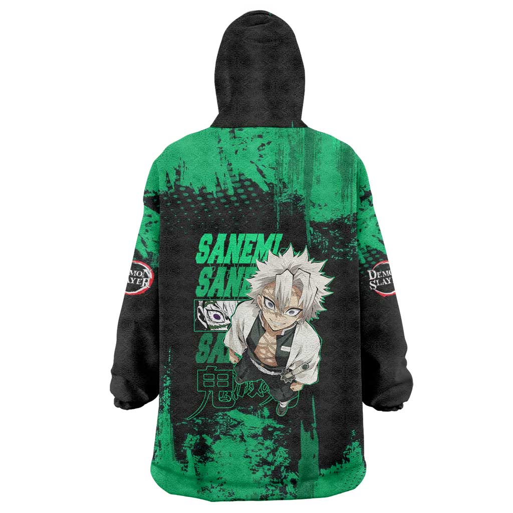 Sanemi Shinazugawa Demon Slayer Green and Black Grunge Wearable Blanket Hoodie Design with Intense Eyes and Wind Hashira Theme - The Mazicc