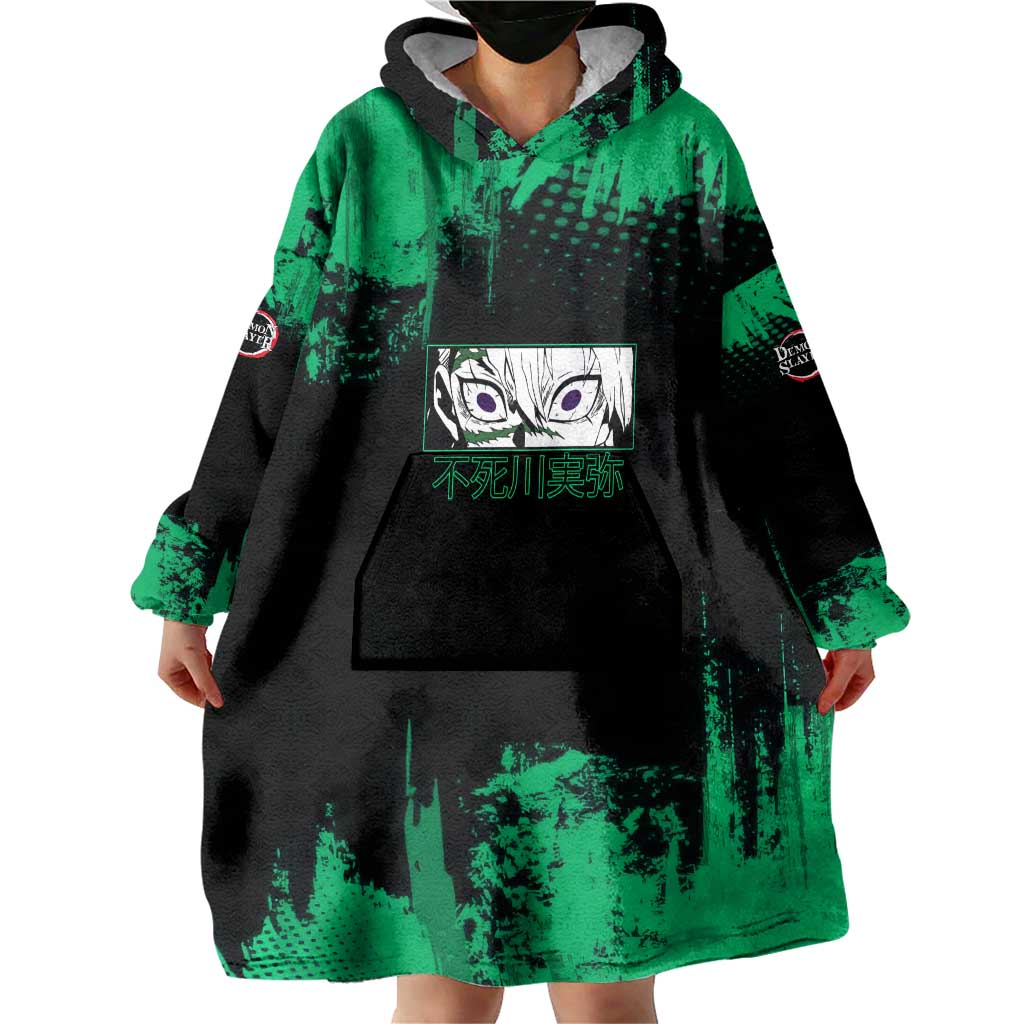 Sanemi Shinazugawa Demon Slayer Green and Black Grunge Wearable Blanket Hoodie Design with Intense Eyes and Wind Hashira Theme - The Mazicc