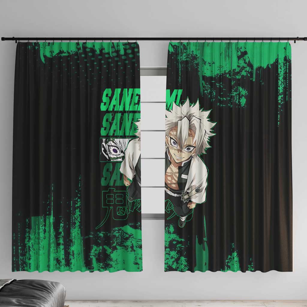 Sanemi Shinazugawa Demon Slayer Green and Black Grunge Window Curtain Design with Intense Eyes and Wind Hashira Theme - The Mazicc