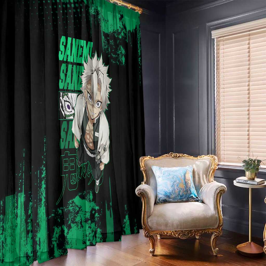 Sanemi Shinazugawa Demon Slayer Green and Black Grunge Window Curtain Design with Intense Eyes and Wind Hashira Theme - The Mazicc