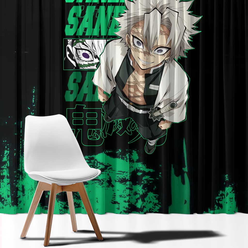 Sanemi Shinazugawa Demon Slayer Green and Black Grunge Window Curtain Design with Intense Eyes and Wind Hashira Theme - The Mazicc
