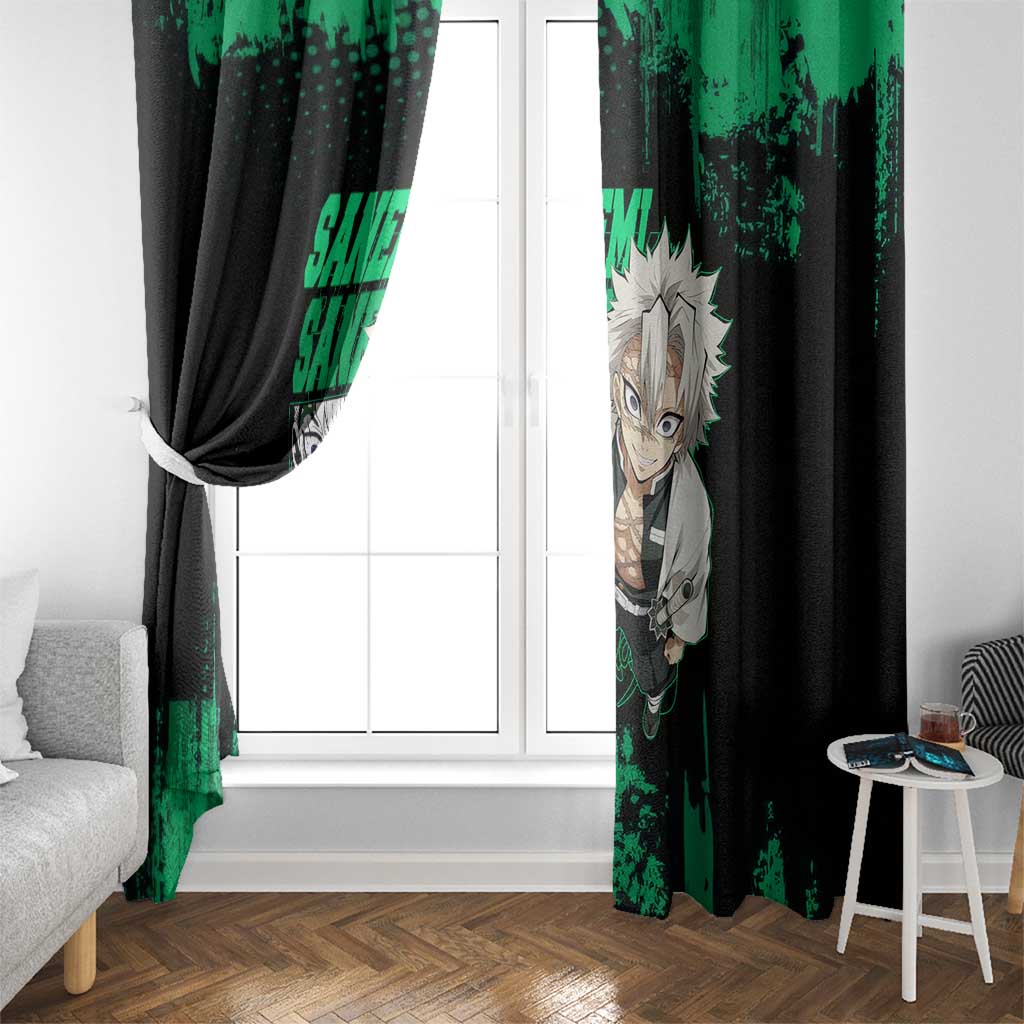 Sanemi Shinazugawa Demon Slayer Green and Black Grunge Window Curtain Design with Intense Eyes and Wind Hashira Theme - The Mazicc
