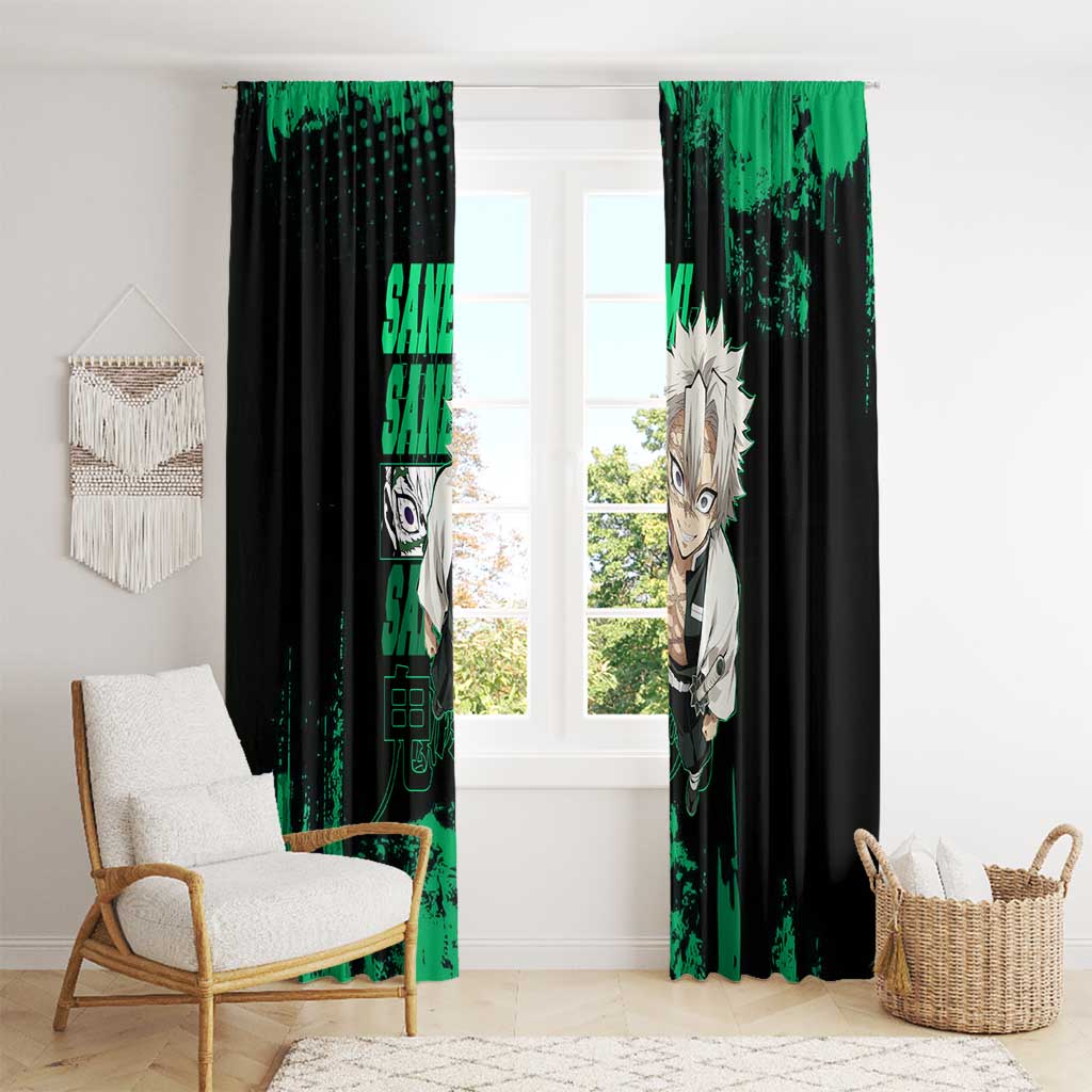 Sanemi Shinazugawa Demon Slayer Green and Black Grunge Window Curtain Design with Intense Eyes and Wind Hashira Theme - The Mazicc