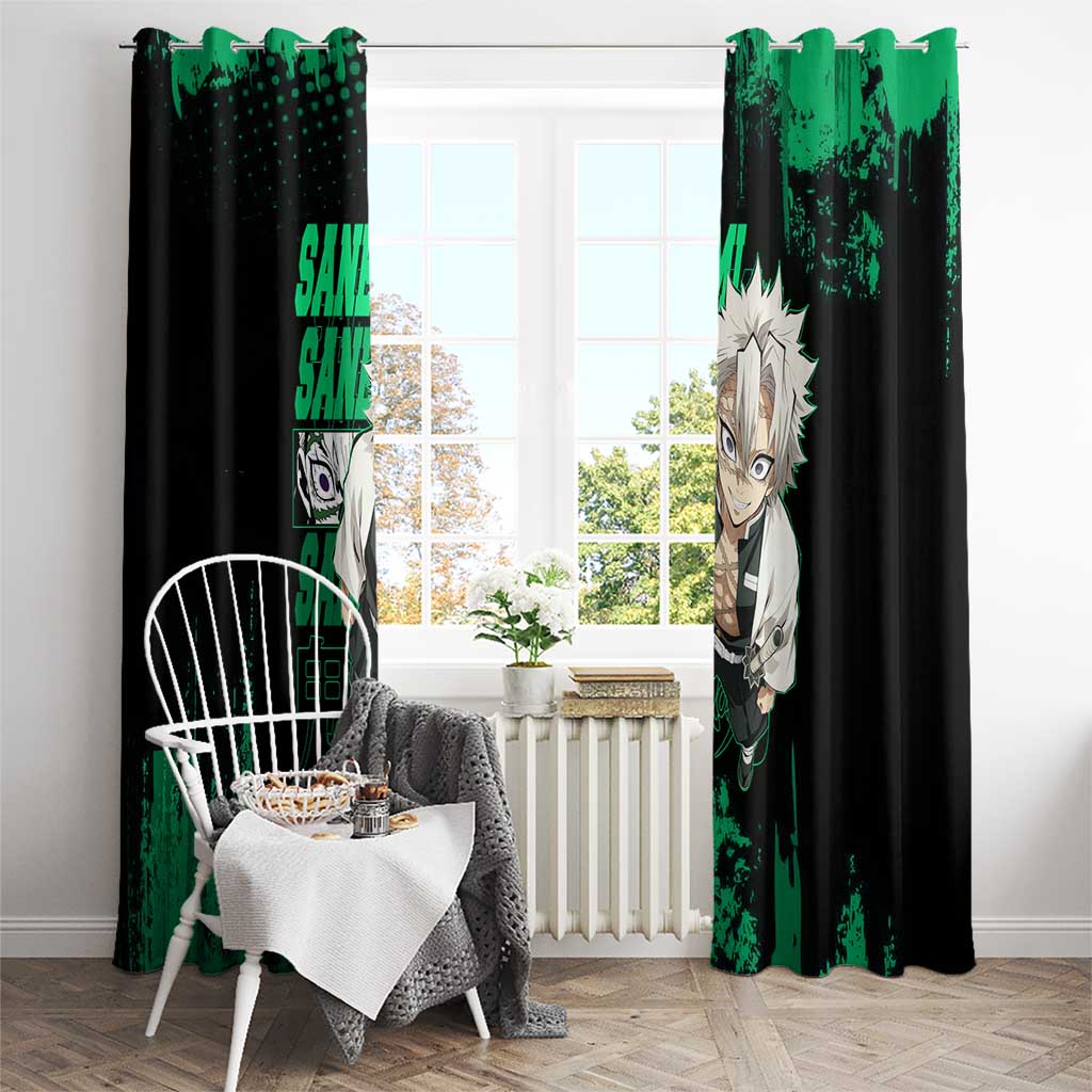 Sanemi Shinazugawa Demon Slayer Green and Black Grunge Window Curtain Design with Intense Eyes and Wind Hashira Theme - The Mazicc