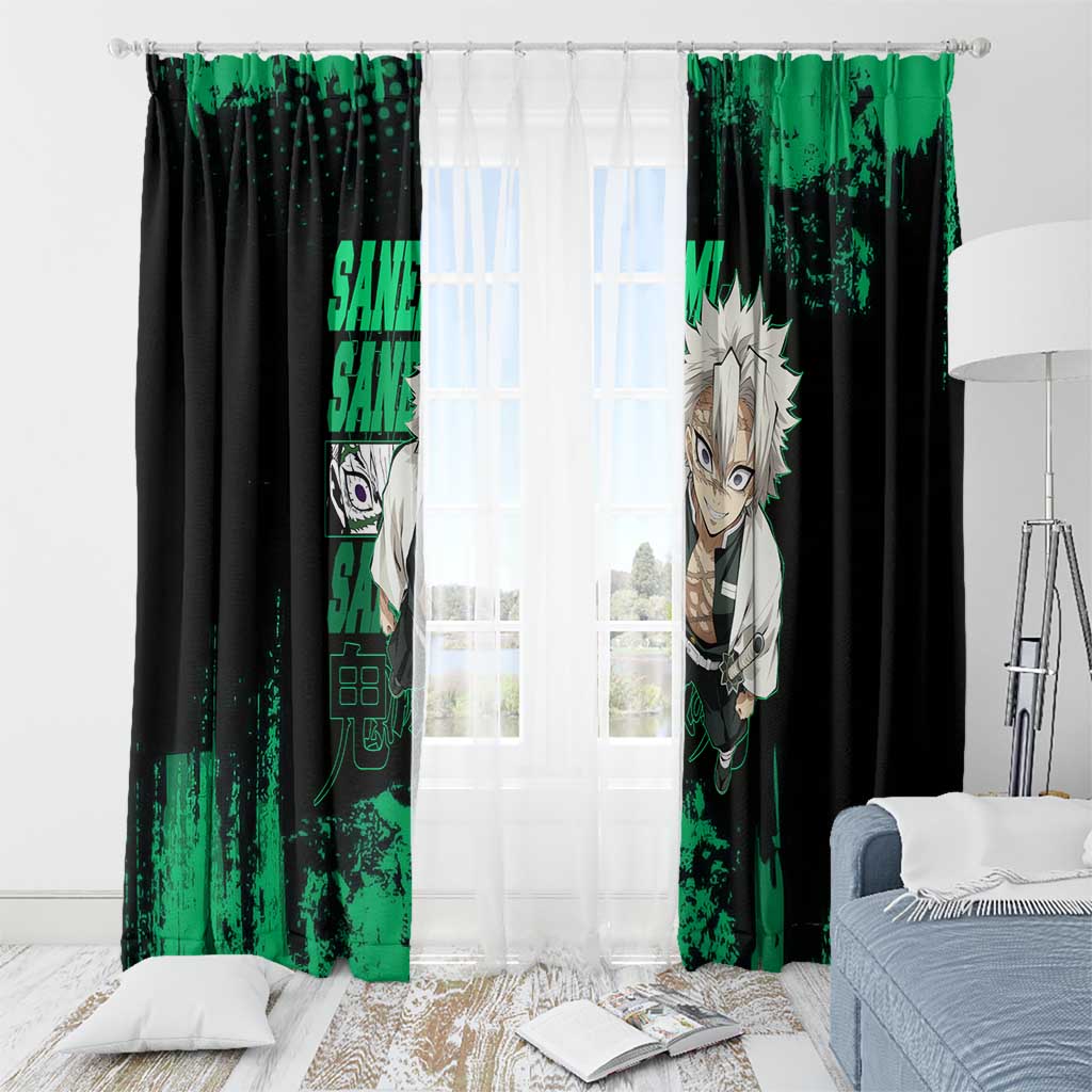 Sanemi Shinazugawa Demon Slayer Green and Black Grunge Window Curtain Design with Intense Eyes and Wind Hashira Theme - The Mazicc
