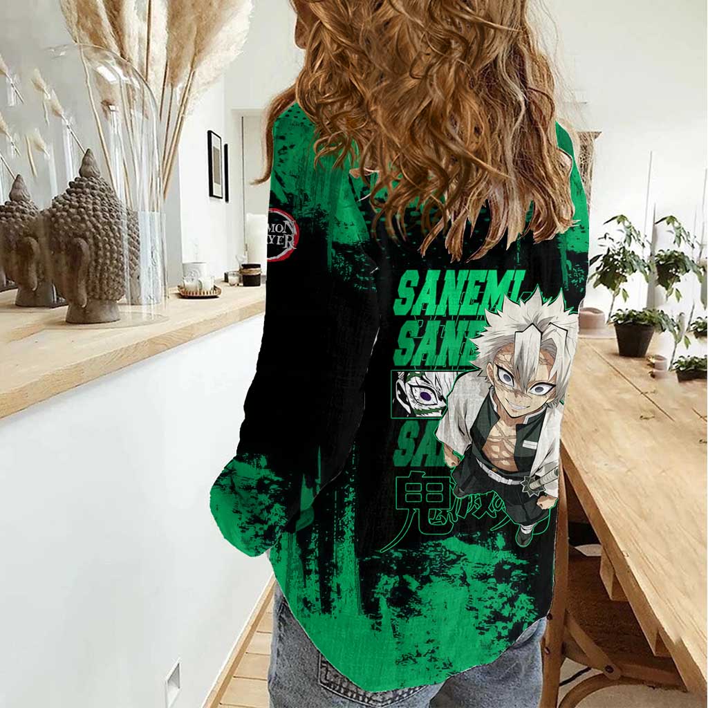 Sanemi Shinazugawa Demon Slayer Green and Black Grunge Women Casual Shirt Design with Intense Eyes and Wind Hashira Theme - The Mazicc