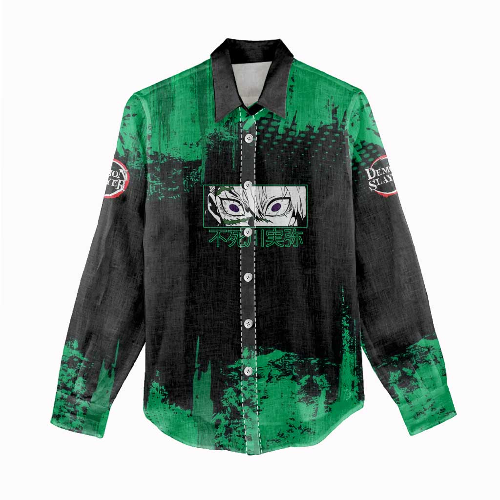 Sanemi Shinazugawa Demon Slayer Green and Black Grunge Women Casual Shirt Design with Intense Eyes and Wind Hashira Theme - The Mazicc