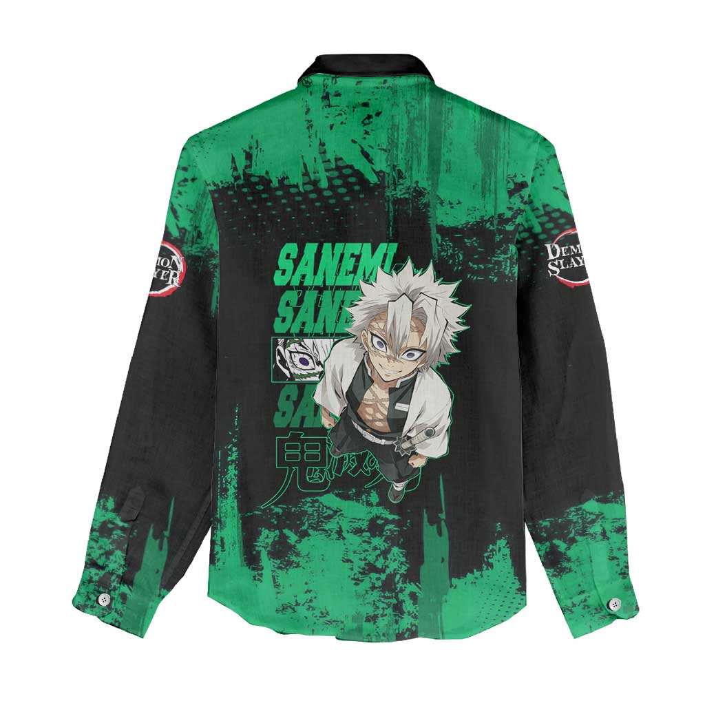 Sanemi Shinazugawa Demon Slayer Green and Black Grunge Women Casual Shirt Design with Intense Eyes and Wind Hashira Theme - The Mazicc