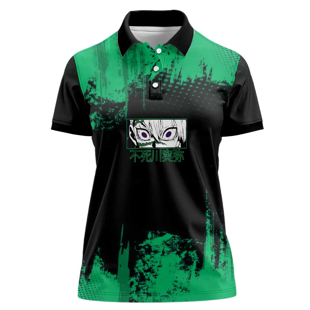Sanemi Shinazugawa Demon Slayer Green and Black Grunge Women Polo Shirt Design with Intense Eyes and Wind Hashira Theme - The Mazicc