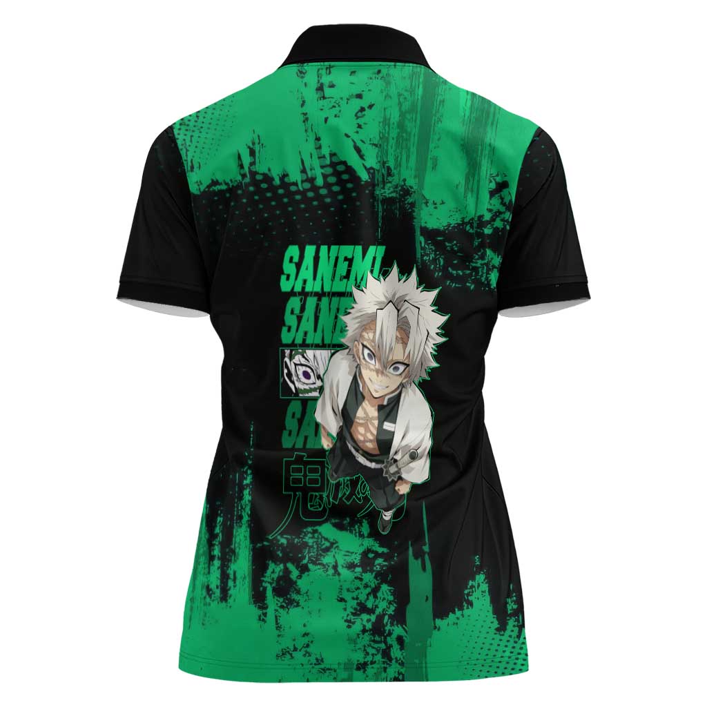 Sanemi Shinazugawa Demon Slayer Green and Black Grunge Women Polo Shirt Design with Intense Eyes and Wind Hashira Theme - The Mazicc