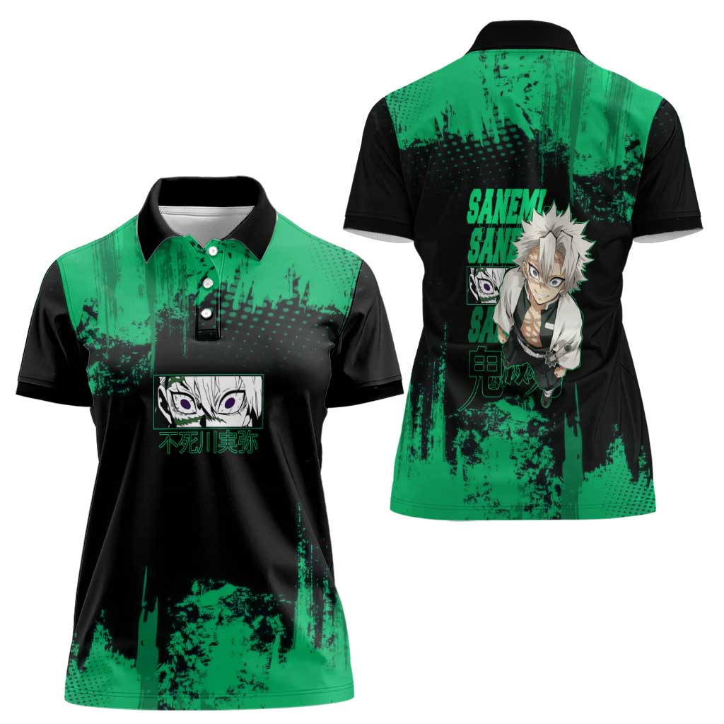 Sanemi Shinazugawa Demon Slayer Green and Black Grunge Women Polo Shirt Design with Intense Eyes and Wind Hashira Theme - The Mazicc