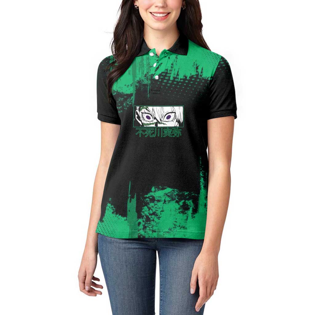 Sanemi Shinazugawa Demon Slayer Green and Black Grunge Women Polo Shirt Design with Intense Eyes and Wind Hashira Theme - The Mazicc