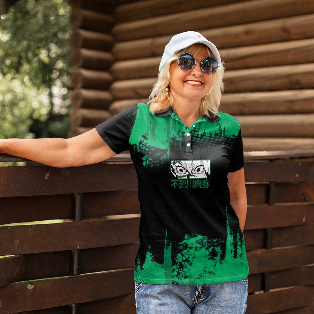 Sanemi Shinazugawa Demon Slayer Green and Black Grunge Women Polo Shirt Design with Intense Eyes and Wind Hashira Theme - The Mazicc