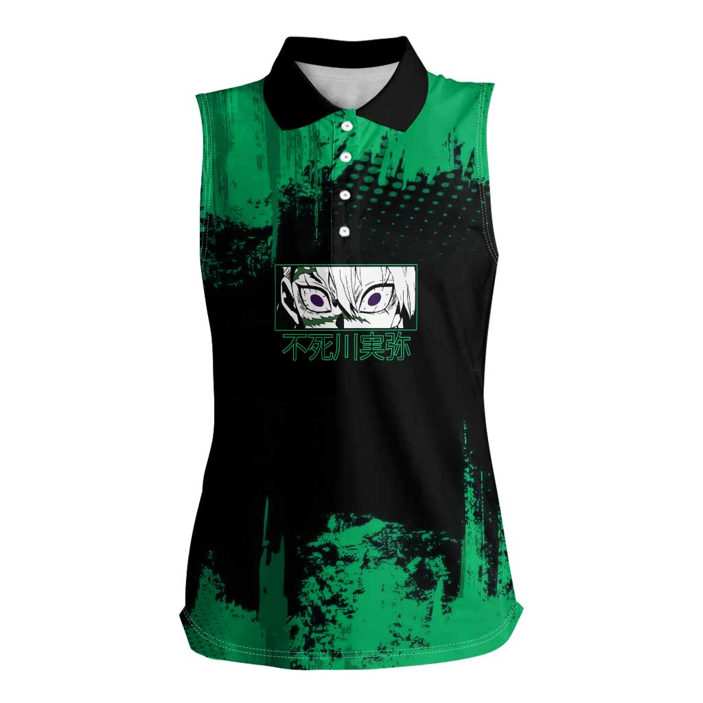 Sanemi Shinazugawa Demon Slayer Green and Black Grunge Women Sleeveless Polo Shirt Design with Intense Eyes and Wind Hashira Theme - The Mazicc