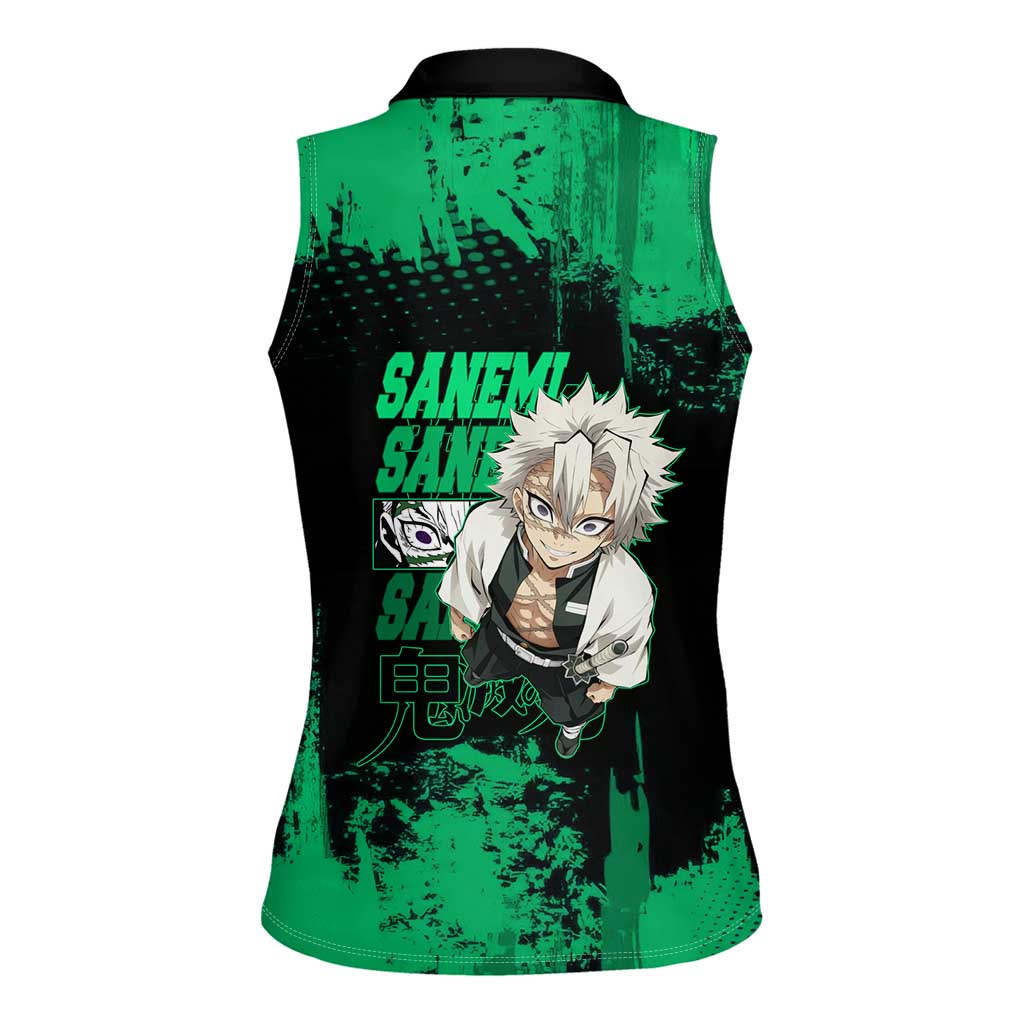 Sanemi Shinazugawa Demon Slayer Green and Black Grunge Women Sleeveless Polo Shirt Design with Intense Eyes and Wind Hashira Theme - The Mazicc