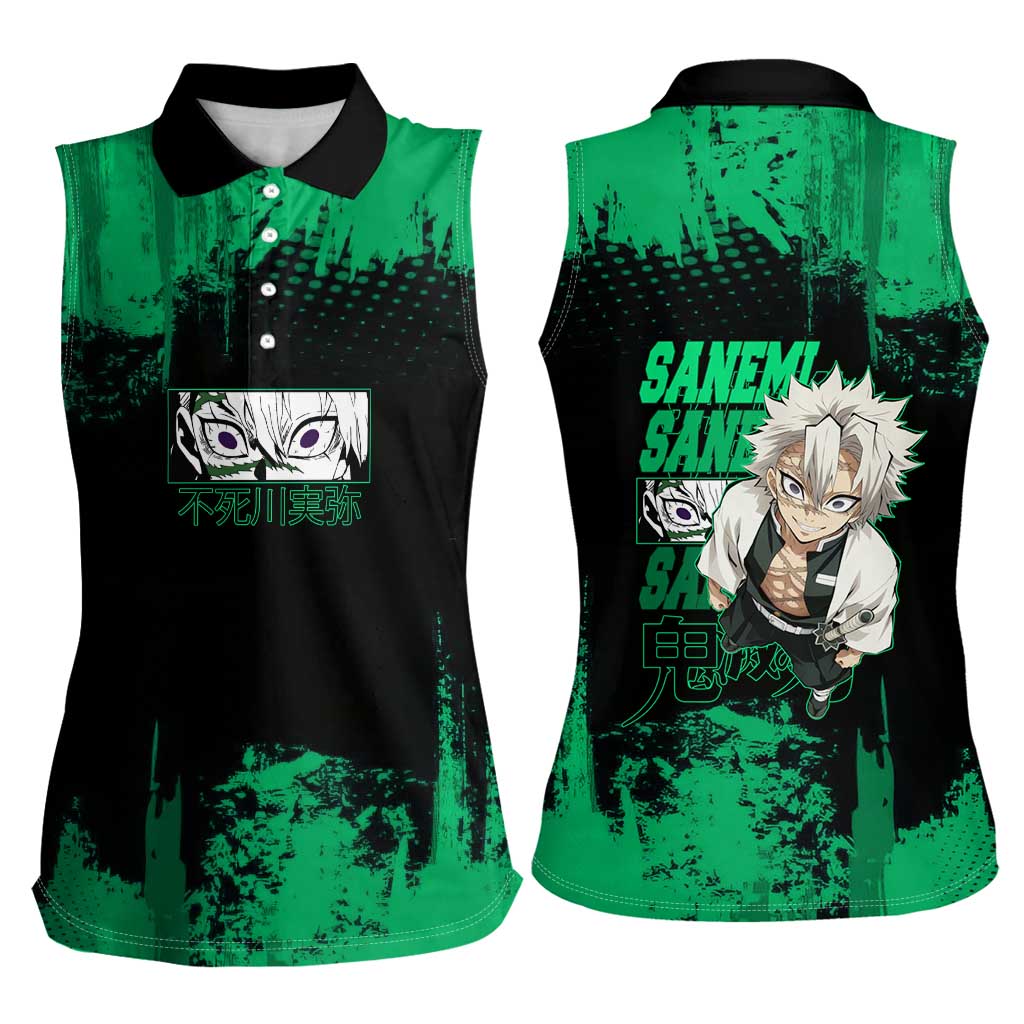 Sanemi Shinazugawa Demon Slayer Green and Black Grunge Women Sleeveless Polo Shirt Design with Intense Eyes and Wind Hashira Theme - The Mazicc