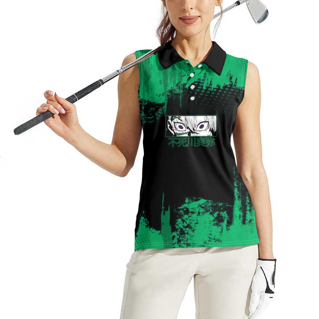 Sanemi Shinazugawa Demon Slayer Green and Black Grunge Women Sleeveless Polo Shirt Design with Intense Eyes and Wind Hashira Theme - The Mazicc