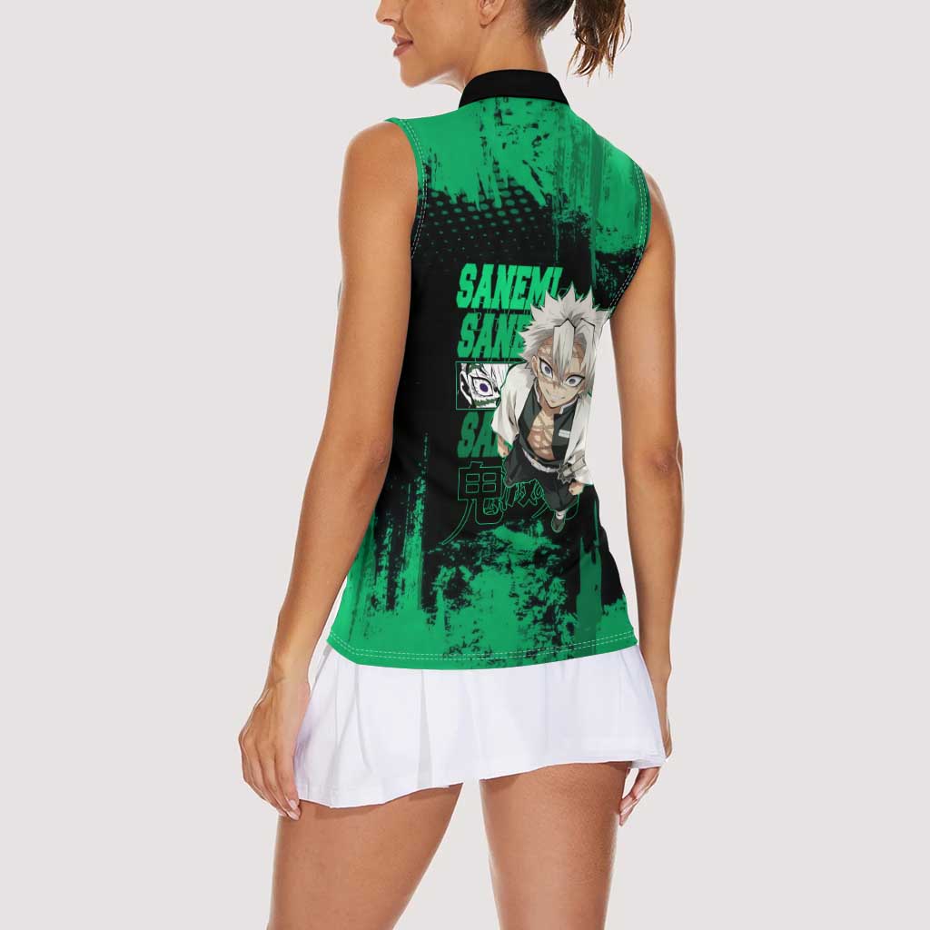 Sanemi Shinazugawa Demon Slayer Green and Black Grunge Women Sleeveless Polo Shirt Design with Intense Eyes and Wind Hashira Theme - The Mazicc