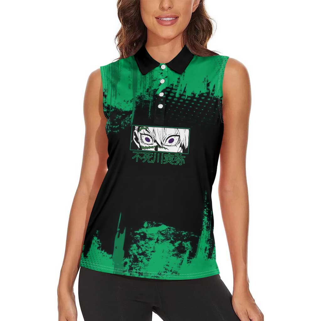Sanemi Shinazugawa Demon Slayer Green and Black Grunge Women Sleeveless Polo Shirt Design with Intense Eyes and Wind Hashira Theme - The Mazicc