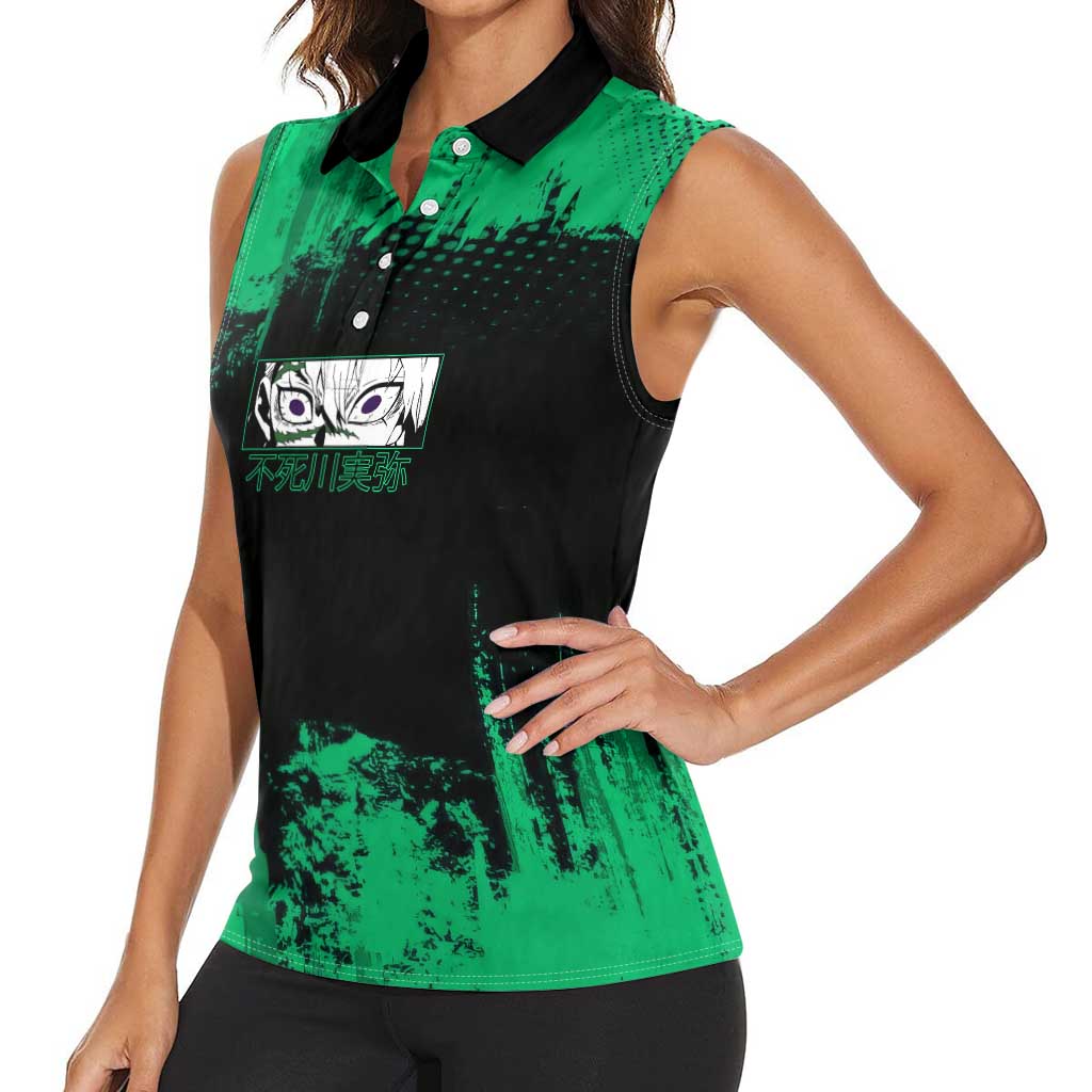 Sanemi Shinazugawa Demon Slayer Green and Black Grunge Women Sleeveless Polo Shirt Design with Intense Eyes and Wind Hashira Theme - The Mazicc