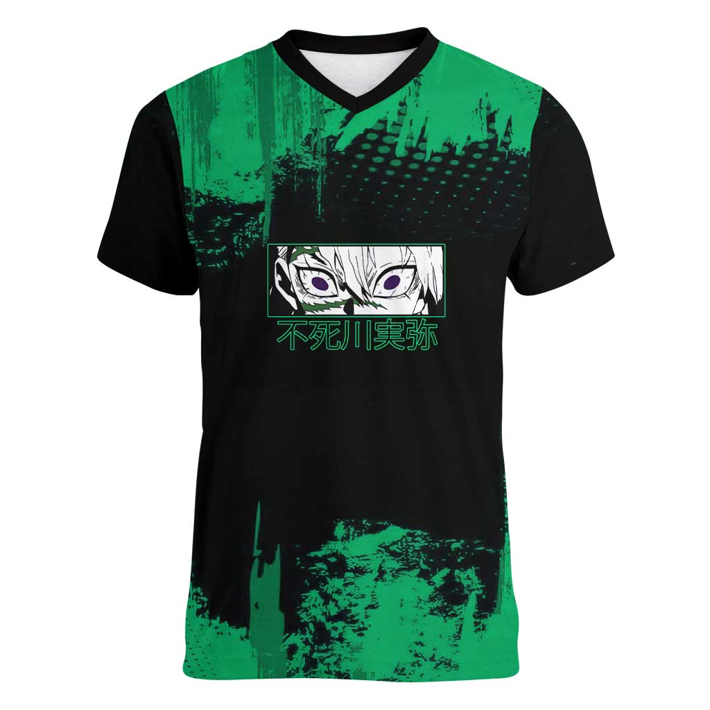 Sanemi Shinazugawa Demon Slayer Green and Black Grunge Women V-Neck T-Shirt Design with Intense Eyes and Wind Hashira Theme - The Mazicc