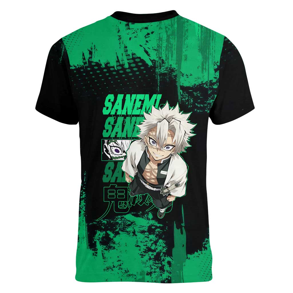 Sanemi Shinazugawa Demon Slayer Green and Black Grunge Women V-Neck T-Shirt Design with Intense Eyes and Wind Hashira Theme - The Mazicc