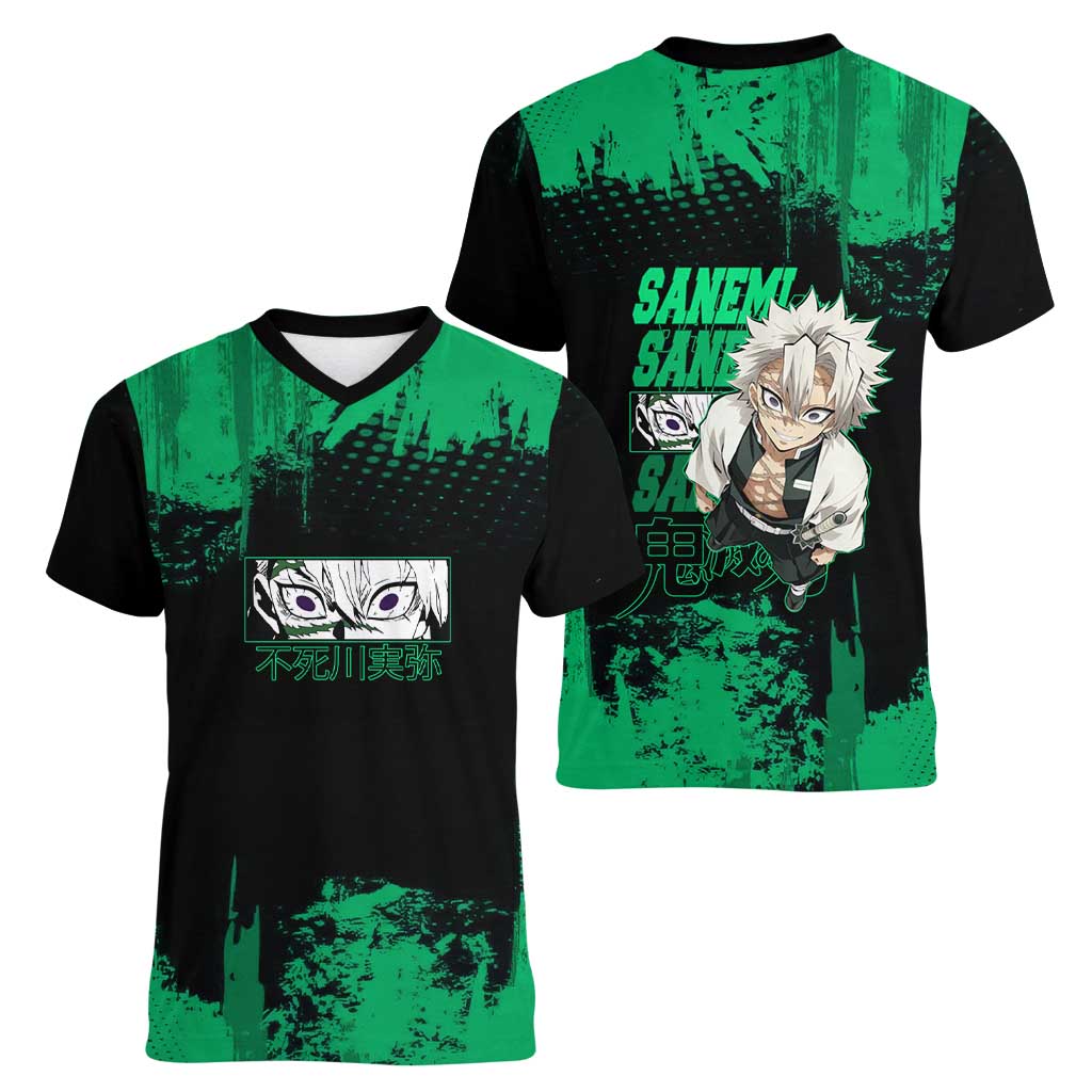 Sanemi Shinazugawa Demon Slayer Green and Black Grunge Women V-Neck T-Shirt Design with Intense Eyes and Wind Hashira Theme - The Mazicc