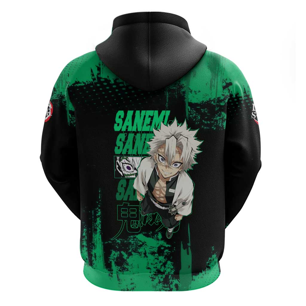 Sanemi Shinazugawa Demon Slayer Green and Black Grunge Zip Hoodie Design with Intense Eyes and Wind Hashira Theme - The Mazicc