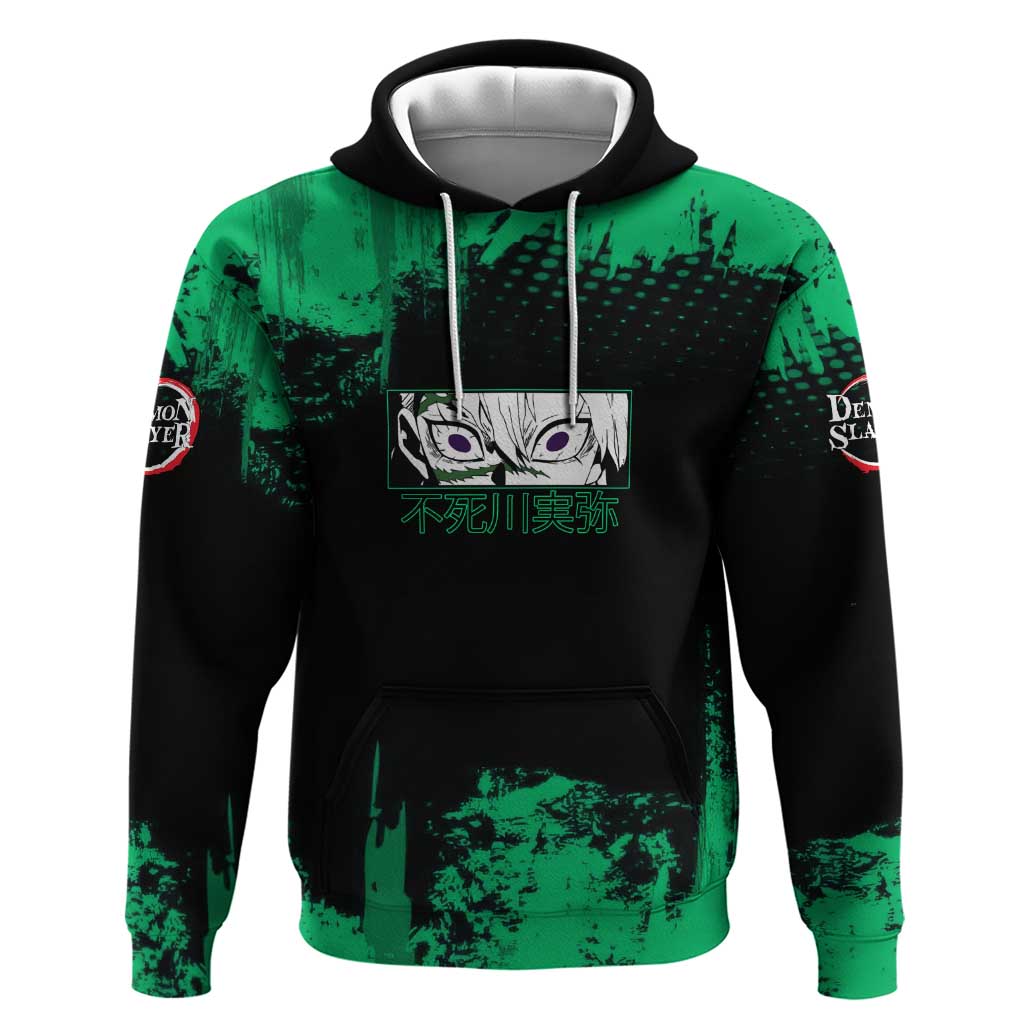 Sanemi Shinazugawa Demon Slayer Green and Black Grunge Zip Hoodie Design with Intense Eyes and Wind Hashira Theme - The Mazicc