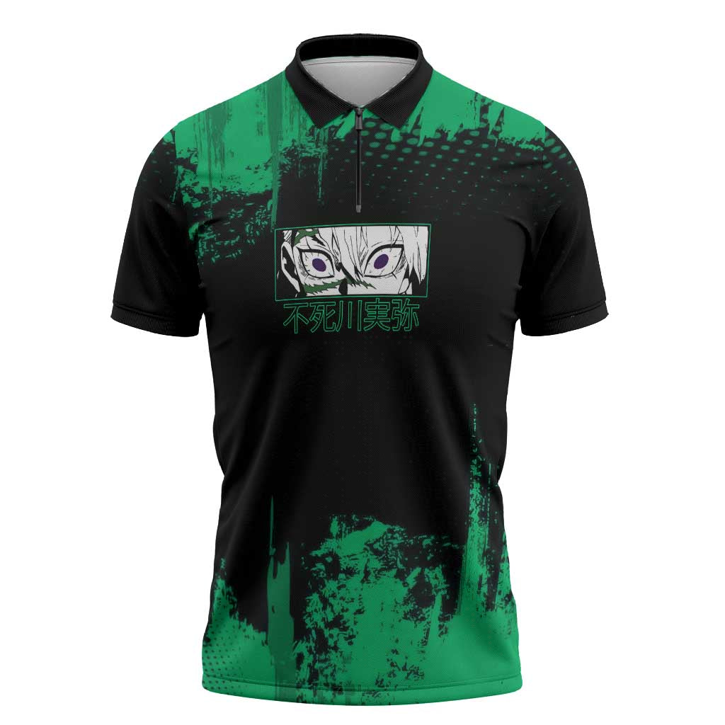 Sanemi Shinazugawa Demon Slayer Green and Black Grunge Zipper Polo Shirt Design with Intense Eyes and Wind Hashira Theme - The Mazicc