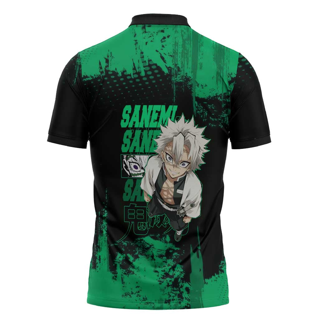 Sanemi Shinazugawa Demon Slayer Green and Black Grunge Zipper Polo Shirt Design with Intense Eyes and Wind Hashira Theme - The Mazicc